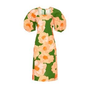Eudon Choi linen blend Orange Green Floral Puff Sleeve Midi Dress sz 2